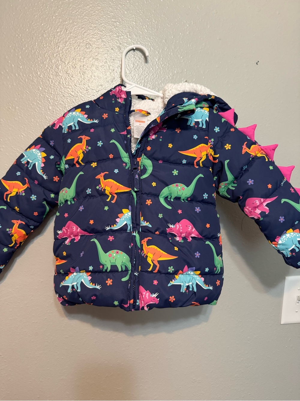 Gymboree Navy Dinosaur Puffer Jacket with Pink Spikes
